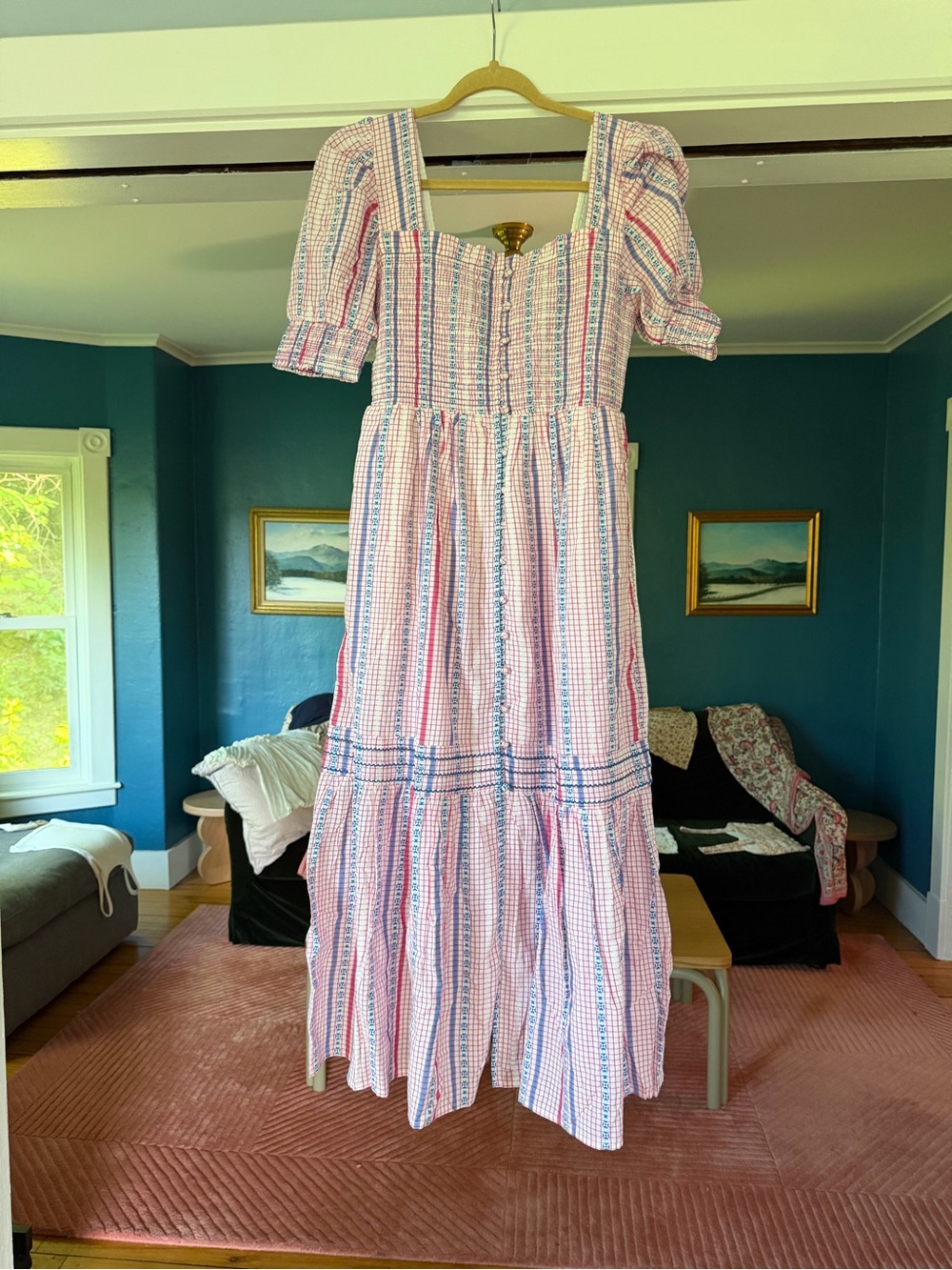 Anthropologie NWT Pink, Blue & White Striped Smocked dress Small